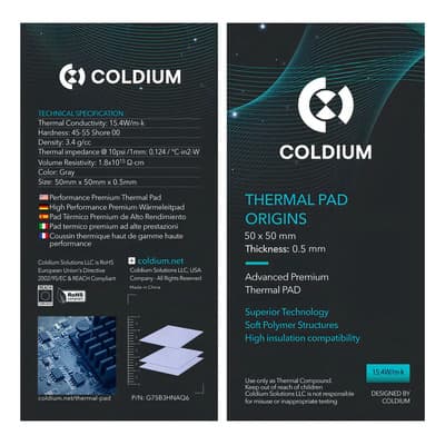 Pad Térmico Coldium Origins 50x50x0.5mm Premium Ultra Soft 15.4w/m·k Ideal Ssd M.2 Nvme, Vrm/vram, Motherboards, Pc, Notebooks. Alto Rendimiento, Alta Transferencia Rellena Micro Gaps Gris