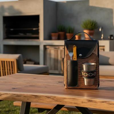 Set Asado Individual Funda Ecocuero + Plato + Vaso+cubiertos