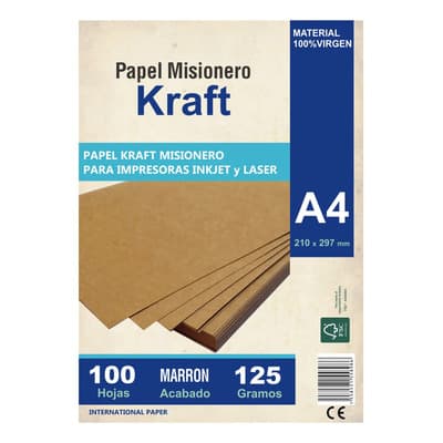Papel Kraft A4 Misionero Madera 125gr Impresora Inkjet Láser Marrón