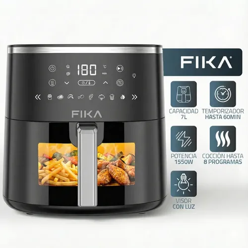 Freidora De Aire Fika 7l Air Fryer Digital Con Visor 1550w 8 Programas Sin Aceite Color Negro