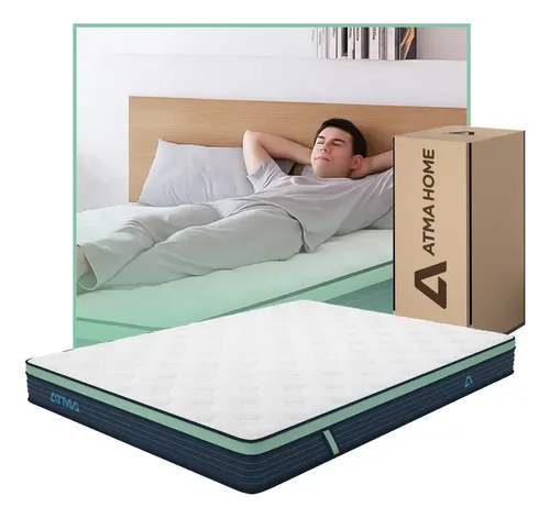 Colchon Atma One 2 Plazas 140x190x20 En Caja I 3 Capas De Espuma Color Blanco Blanco/azul/verde