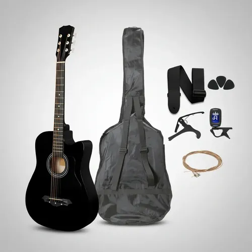 Guitarra Acústica Ag002 Negro Arce Brillante Con Accesorios Para Diestros Diestro Madera De Alta Densidad