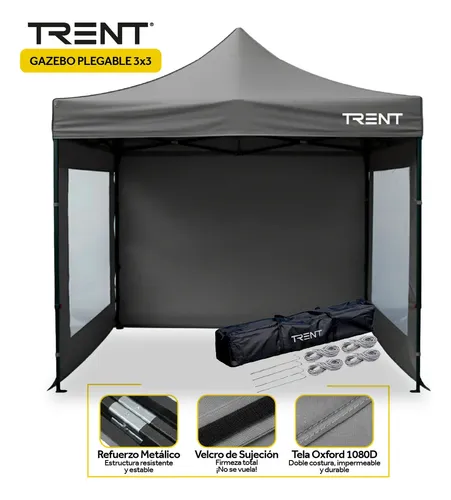Gazebo Trent Reforzado 3x3 Metros Autoarmable Plegable Con Ventanas De Exterior Gris