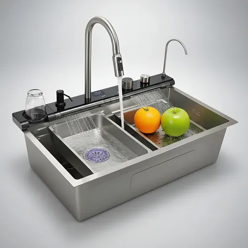 Bacha De Cocina Moderna Fika Inteligente Smart Multifunción Digital Led 75x45x22cm Plateada Plateado