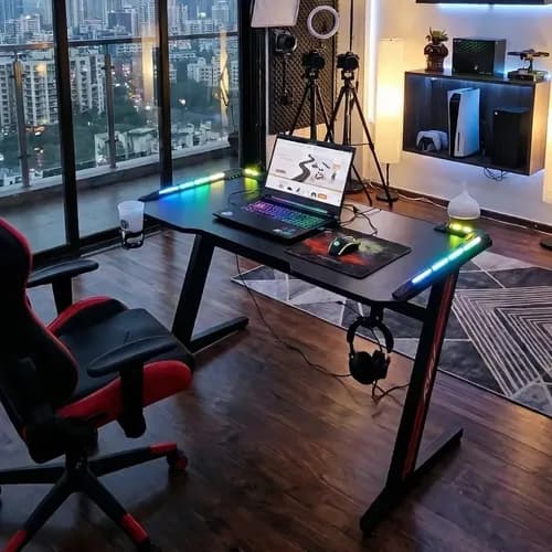 Escritorio Gamer Jd Luces Rgb Fibra De Carbono Posavasos Y Porta Auriculares 1.20 Reforzado Zdl2 Negro