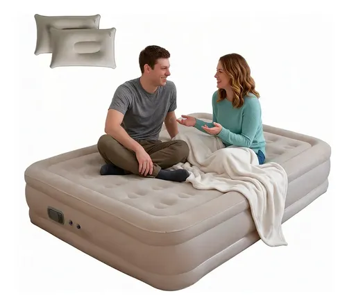 Colchón Inflable 2 Plazas Eléctrico Southport By Gadnic 2 Personas Con Almohadas Camping Pvc Reforzado Beige