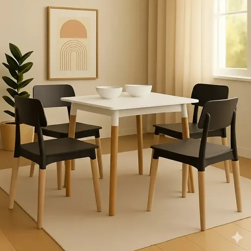Juego De Comedor Mesa Eames 70x70 + 4 Sillas Milan Baires4 Color Sillas Negras + Mesa Blanca Liso