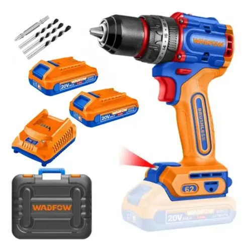 Taladro Percutor Atornillador Wadfow 20v Motor Sin Carbones Bl, Mandril 13mm, Maletin, 2 Baterias Y Cargador Azul 50 Hz