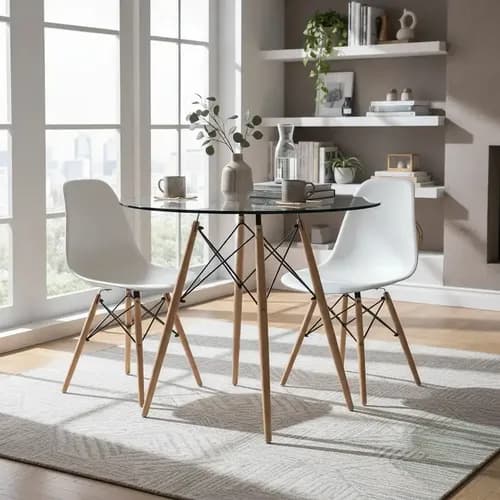 Mesa De Comedor Redonda De Vidrio Pata Madera - Eames 100 Cm Transparente Marrón Claro