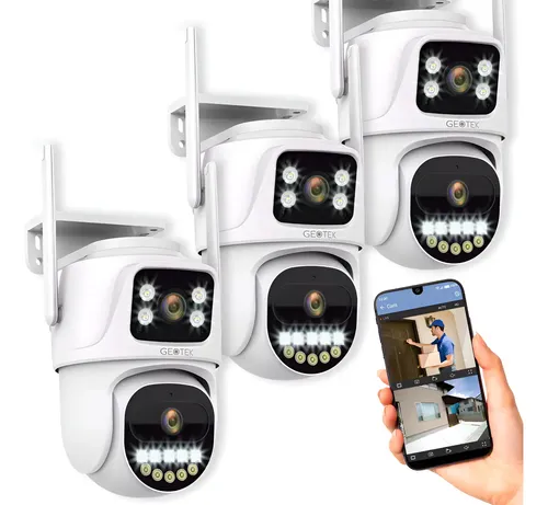 Kit 3 Camaras Seguridad Geotek Ip Wifi 6mp Domo Doble Lente Vision Nocturna Exterior Deteccion Movimiento Blanco
