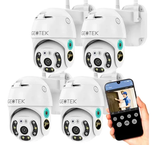 Kit 4 Camaras Seguridad Geotek 3mp Ip Wifi Exterior Full Hd Domo Vision Nocturna Inteligente Deteccion Movimiento Blanco