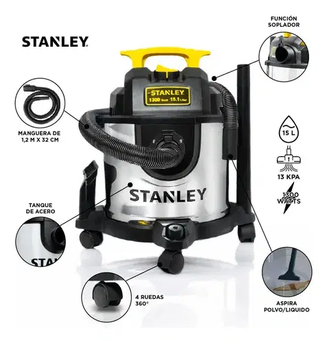 Aspiradora Sopladora Stanley 15 Lts 1300watts Aspira Polvo Y Liquido Sl1901-4b Plateado/negro/amarillo